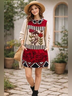 Savage Culture Boho Patchwork Tunic Dress Mini Sleeveless Lagelook Artsy Chic